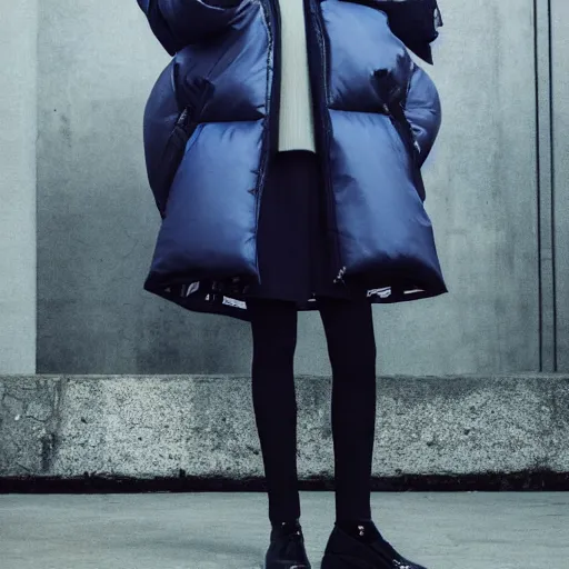 Image similar to realistic photoshooting for a new balenciaga lookbook color film photography of a beautiful woman model, model wears a puffer jacket, photo in style of tyler mitchell, ssense