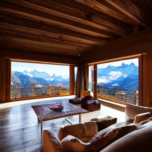 Image similar to a beautiful swiss home the mountains set the view inside of a living room the olivia room have a lot of windows the windows have a view of the beautiful mountains of switzerland it a sunny day professional photograph