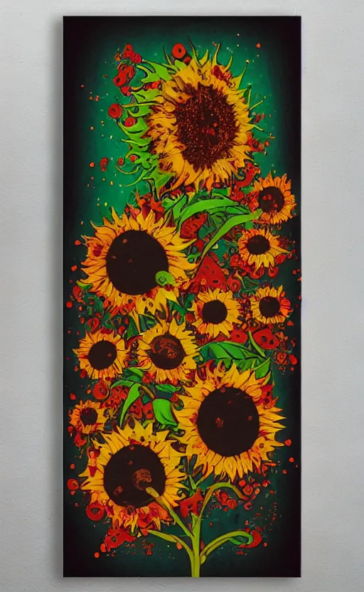 Image similar to 8 k cursed with necronomicon horrorcore cel animation poster depicting sunflowers spattered with blood, intricate, metropolis, 1 9 5 0 s movie poster, post - processing, vector art