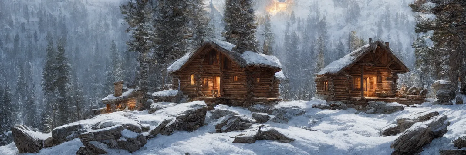 Prompt: a cozy cabin on the side of a mountain in yellowstone, 8k, james gurney, greg rutkowski, john howe, artstation