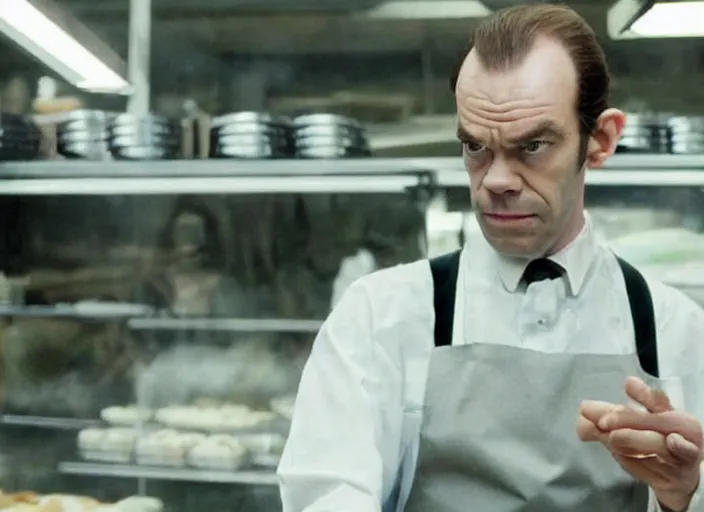 Prompt: film still of young hugo weaving as agent smith working in a bakery in the new matrix movie, 4 k