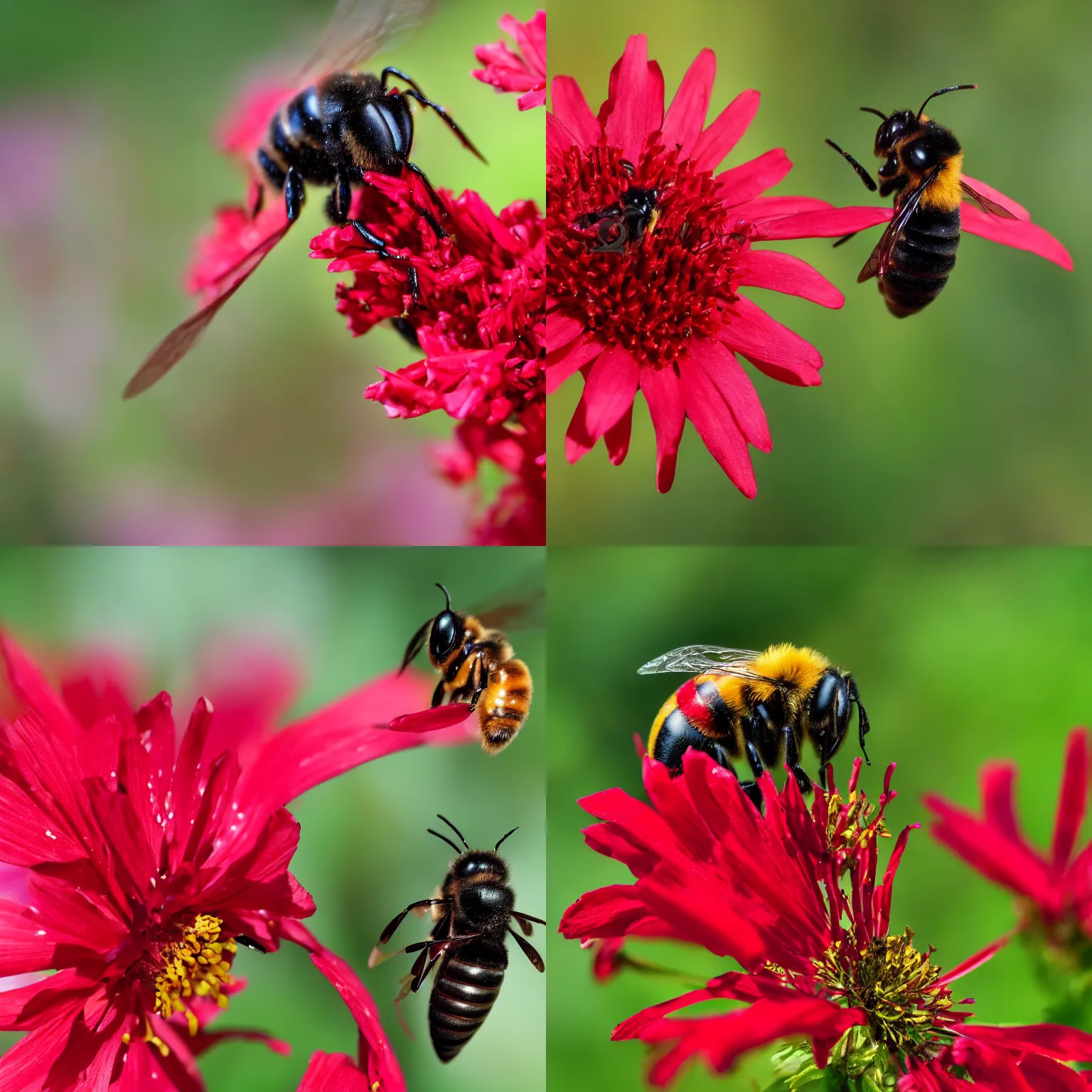 Prompt: close - up shot of a crimson bee on a flower, the bee is red, sharp focus, macro photography, photo of the year