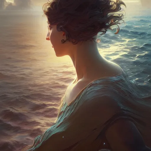Image similar to drowning in an ocean of his own thoughts, intricate, detailed, volumetric lighting, scenery, digital painting, highly detailed, artstation, sharp focus, illustration, artstation, art by artgerm and greg rutkowski and alphonse mucha