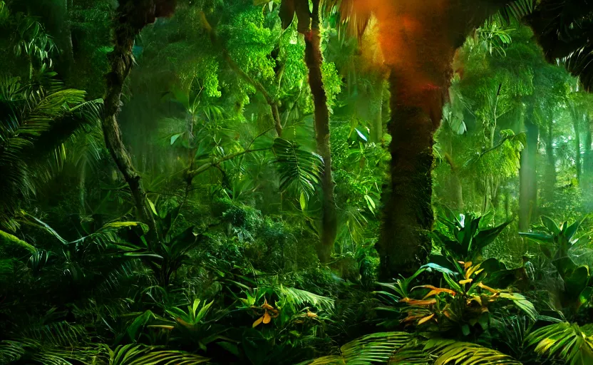 Image similar to a beautiful render of a prehistoric rainforest, lush flora, insects flying around, dark green, orange, intricate detail, god rays, hazy, humid, volumetric lighting, 8 k, photorealistic, raytracing effects, unreal engine 5