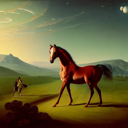 Image similar to horse curled into a sphere, space, vacuum, hyperrealism, no blur, 4 k resolution, ultra detailed, style of george stubbs, asher brown durand, simon stalenhag, jonathan solter, katsuya terada