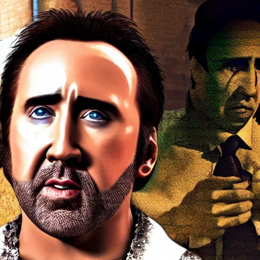 Image similar to Nicolas Cage in Minecraft, actual screenshot, 4k, hdr, RTX on, ultra settings,