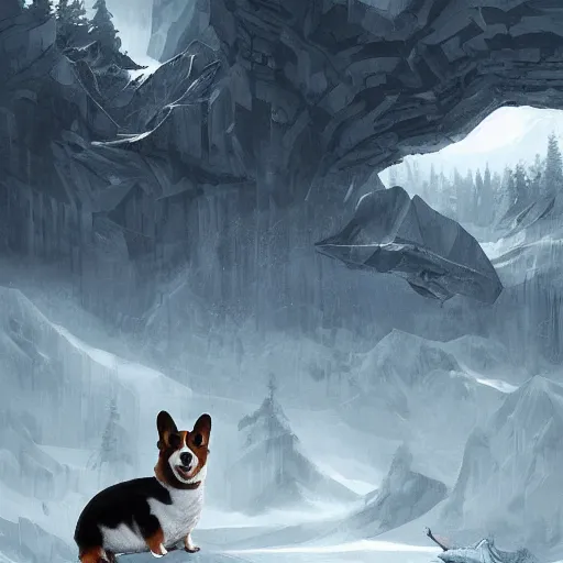 Image similar to colossal corgi, artwork by raphael lacoste, epic, cute