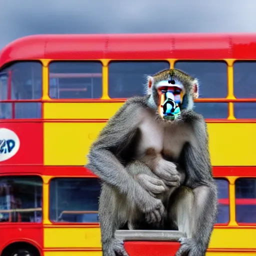 Prompt: An extremely large!! monkey next to a double-decker bus in London