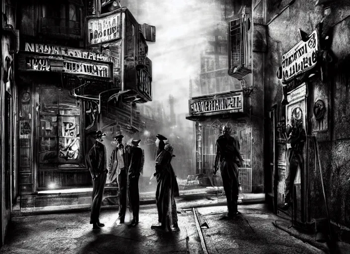 Image similar to people arguing in a film noir steampunk alley, psychedelic, fine texture, detailed, dramatic lighting, dark, neon