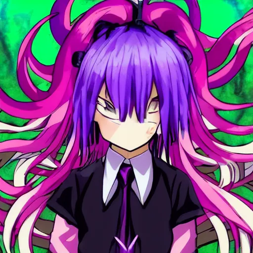 Image similar to ethereal AMV purple haired anime girl wearing a schoolgirl outfit floating in a psychedelic apocalypse in the style of Demon-Slayer Rank 1 on Pixiv