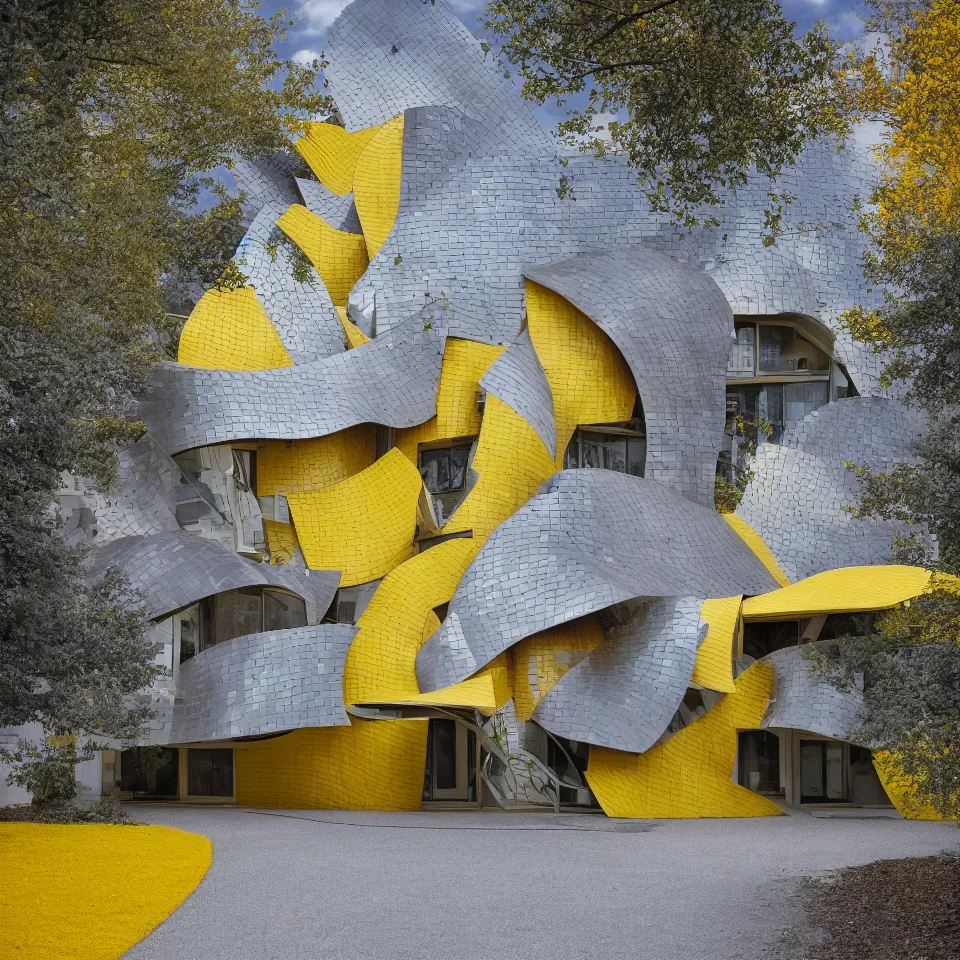 Image similar to a flat house, designed by Frank Gehry. Tiles. Gravel pathway with parking. Film grain, cinematic, yellow hue