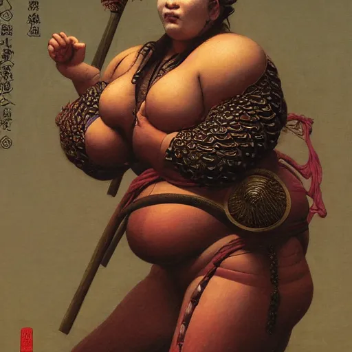 Prompt: character portrait of a varbie wheyfu rubenesque plump woman shugoki wearing knightly samurai o - yoroi, mortal shell, scorn game, by geiger and beksinski and wayne barlowe, grim vibrance orientalism, ilya repin, bouguereau, ukiyo - e!!, cg society, tone mapping, global illumination