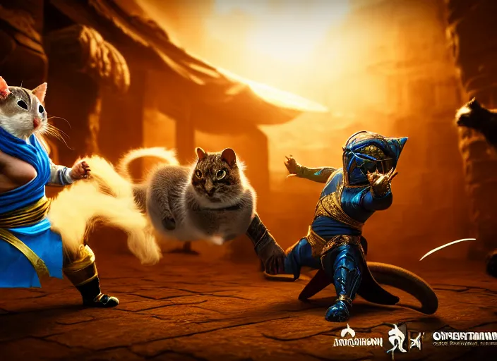 Image similar to hamster dressed as sub zero fights a cat dressed as scorpion in mortal kombat on the background of a laughing shao khan. fantasy magic style. highly detailed 8 k. intricate. lifelike. soft light. sony a 7 r iv 5 5 mm. unreal engine with nanite and path tracing