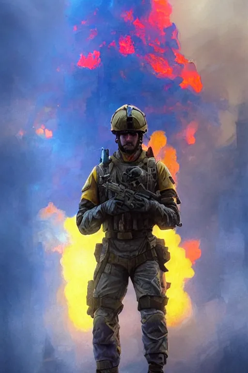 Image similar to special forces soldier with ukrainian blue and yellow flag watching red square burn, masculine figure, d & d, fantasy, bright atmosphere, volumetric lights, intricate, elegant, extremely detailed, digital painting, artstation, concept art, matte, smooth, sharp focus, hyper realistic, illustration, art by artgerm and greg rutkowski and alphonse mucha