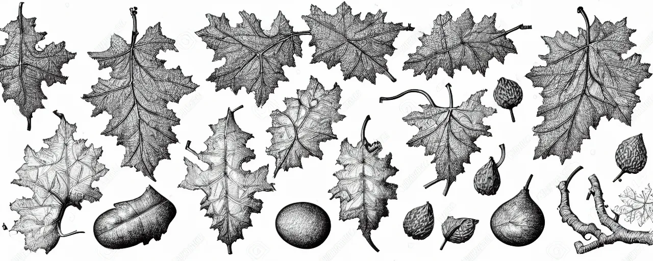 Image similar to a full page schematic diagram illustration of a vine leaves and acorns from an oak tree, ultra detailed, 4 k, intricate, encyclopedia illustration, fine inking lines