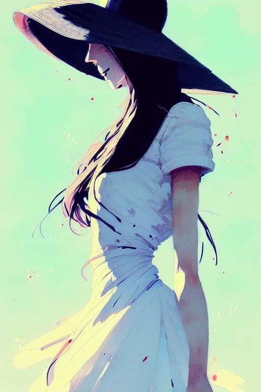 Image similar to a ultradetailed beautiful painting of a stylish woman wearing a white dress with a sun hat, by conrad roset, greg rutkowski and makoto shinkai trending on artstation