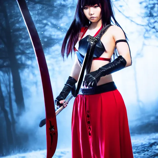 Image similar to dslr, beautiful erza scarlet wearing a skirt and fighting with a katana against ryu hayabusa from ninja gaiden, portrait photo, real photo, real camera, extreme detailed face and body, high quality, moody lighting, fast paced lines, sharp quality, enchanting, 8 k