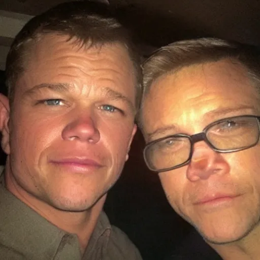 Image similar to HUH?? My dad look like Matt Damon, hand held picture, the camera flash is so bright in his face, viral photo