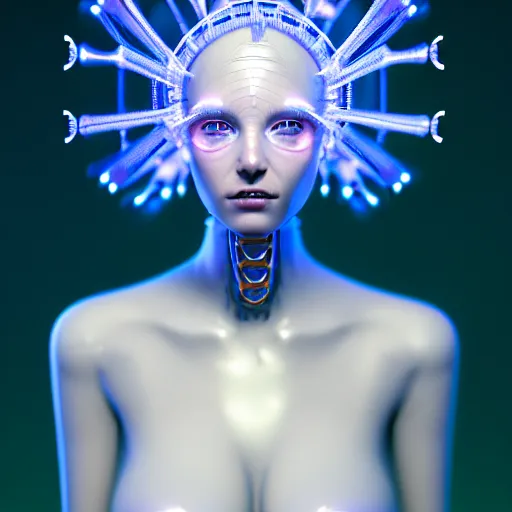 Prompt: portrait of an absurdly beautiful, graceful, sophisticated, fashionable cyberpunk mechanoid gravure idol, hyperdetailed illustration by irakli nadar, matt wisniewski style, intricate linework, white porcelain skin, iridescent fractal headdress, day - glow facepaint, jellyfish ruff, unreal engine 5 highly rendered, global illumination, blue light, detailed and intricate environment