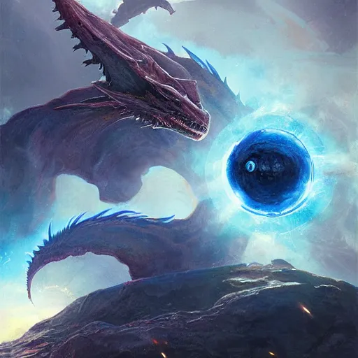 Prompt: blue scaled dragon devouring a planet, space, sun system, nebula, oil painting, by Fernanda Suarez and Edgar Maxence and Greg Rutkowski