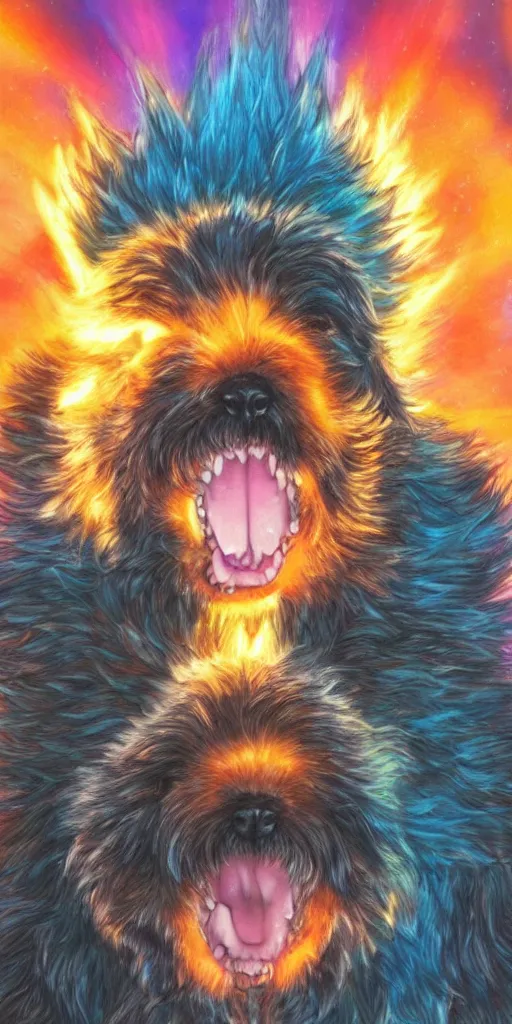 Image similar to a bernedoodle going super saiyan, studio ghibli lighting, very cute, art of the year, best art award, 8 k
