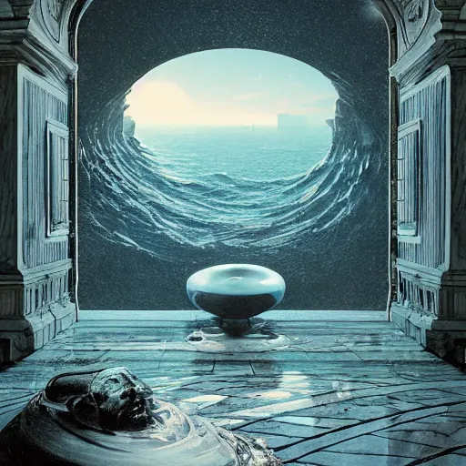 Image similar to peter tarka, minimalistic, hyperrealistic surrealism, award winning masterpiece with incredible details, epic stunning, infinity pool, a surreal vaporwave liminal space, highly detailed, trending on ArtStation, artgerm and greg rutkowski and alphonse mucha, daily deviation, IAMAG, broken giant marble head statue ruins, nightscape, milkyway