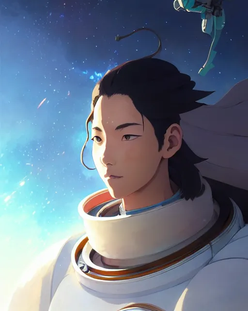 Image similar to azctec warrior, astronaut, detailed perfect face, exquisite details, fire magic, mid view, design on a white background, by studio muti, greg rutkowski makoto shinkai takashi takeuchi studio ghibli