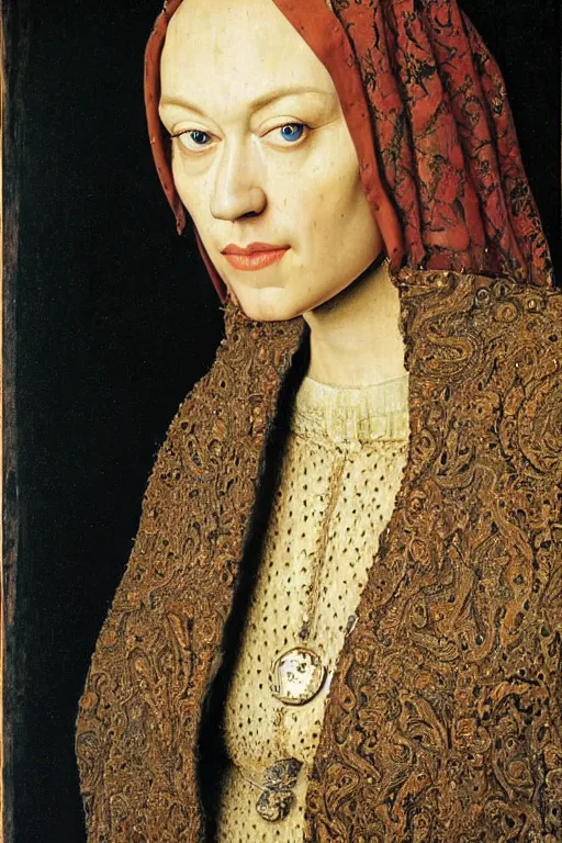 Image similar to portrait of yvonne strahovski oil painting by jan van eyck, northern renaissance art, oil on canvas, wet - on - wet technique, realistic, expressive emotions, intricate textures, illusionistic detail