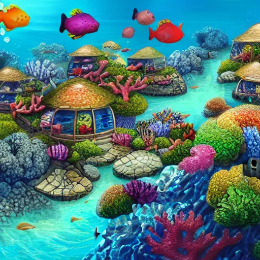 Prompt: coral reef village, underwater, digital art, trending on art station, high detail