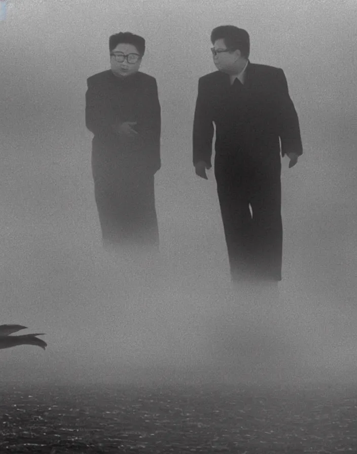 Image similar to very low - resolution found footage of kim jong - il and a starfish kaiju monster, fog, foggy, korean film noir, monochrome, red hue, thriller, underdeveloped, epic, dramatic