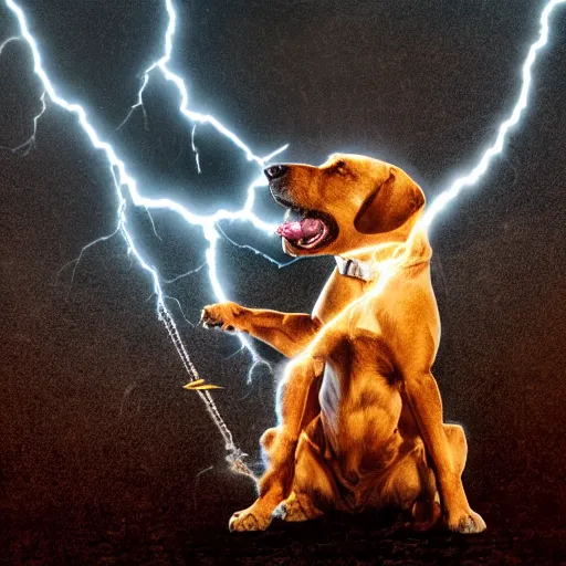 Prompt: a canine holding thor's hammer in its paw, dramatic lightning background, flying