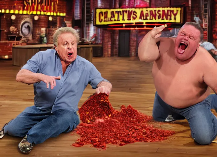 Image similar to jerry springer tv show a man yelling at a pile of nasty chili spilled on the floor, chunky sloppy fat men no shirts slipping in chili on the floor, wet, studio, extremely detailed, portraits, 4 k, hd