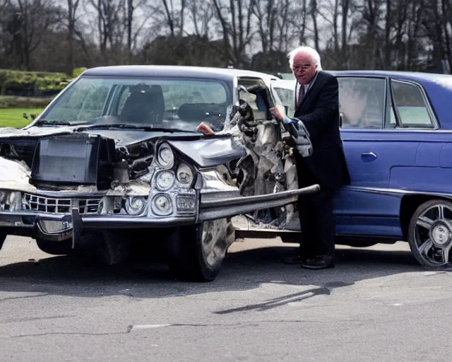 Prompt: bernie sanders smashing a cadillac deville into pieces with a sledgehammer