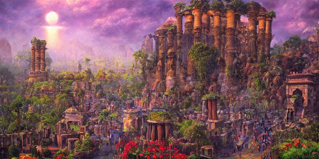 Image similar to fantasy oil painting, regale, refined, fortress mega structure city, luxor, argos, indore, ellora, hybrid, looming, small buildings, warm lighting, street view, overlooking, epic, lush plants flowers, rainforest mountains, bright clouds, luminous sky, outer worlds, cinematic lighting, michael cheval, michael whelan, oil painting, natural tpose