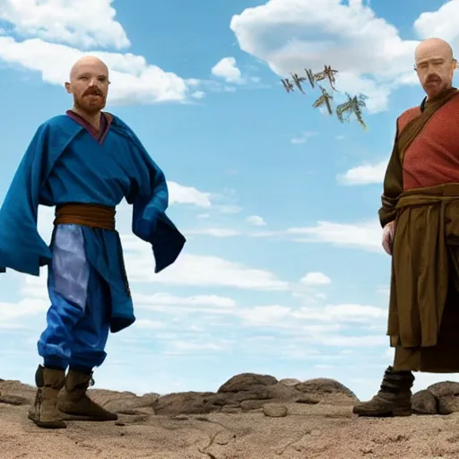 Prompt: Walter White and Jesse Pinkman in Avatar the Last Airbender life action movie, detailed