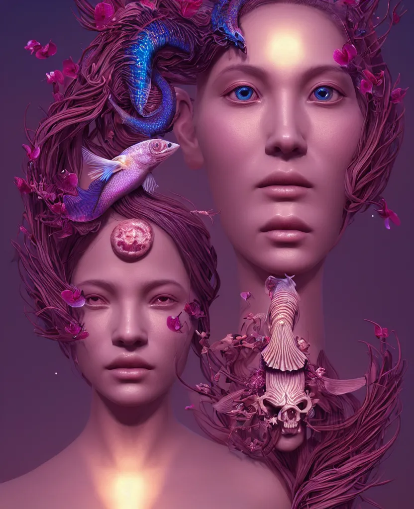 Image similar to goddess close-up portrait. orchid bird phoenix head, nautilus, skull, betta fish, bioluminiscent creatures, intricate artwork by Tooth Wu and wlop and beeple. octane render, trending on artstation, greg rutkowski very coherent symmetrical artwork. cinematic, hyper realism, high detail, octane render, 8k