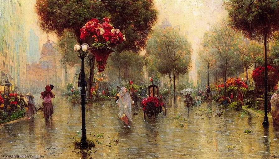 Prompt: city full of flowers, plant and trees, during heavy rain, in the style of Gaston Bussière, Art Nouveau