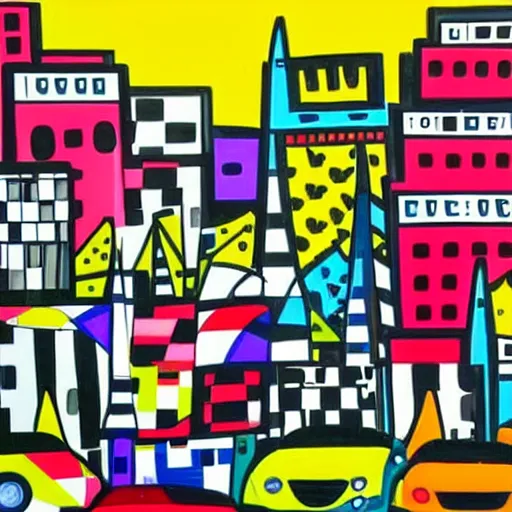 Image similar to cars in the city, painting by romero britto