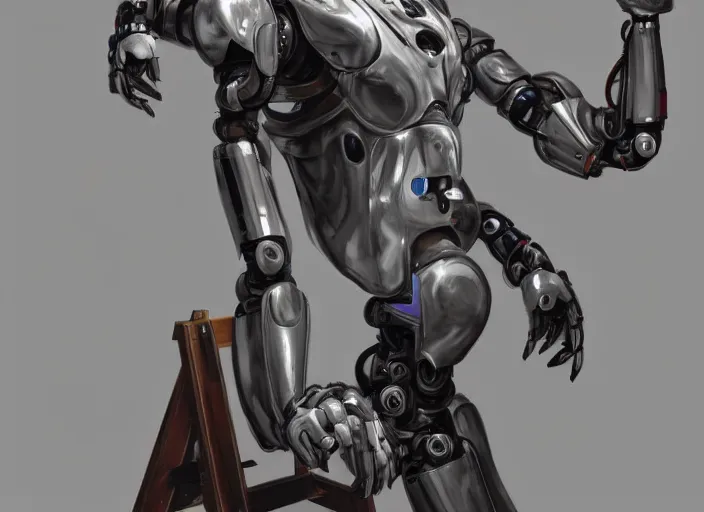 Prompt: a smug humanoid robot painting on an easel, highly detailed, digital art, artstation, large workshop, wide angle