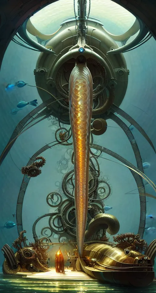 Image similar to epic concept illustration, highly detailed, intricate mechanical design, hard science concept art, underwater nautilus submarine being prepared for launch, by greg rutkowski and alphonse mucha. uhd, cinematic lighting, amazing depth, cinematography by 2 0 1 7