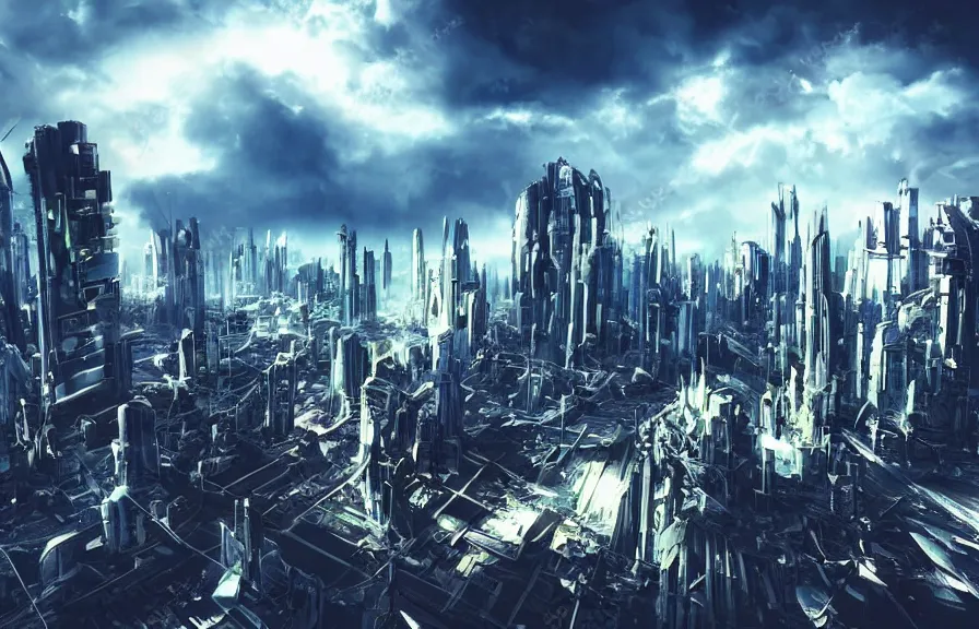 Prompt: vista of futuristic city, harmony of technology and nature, dramatic afternoon sky