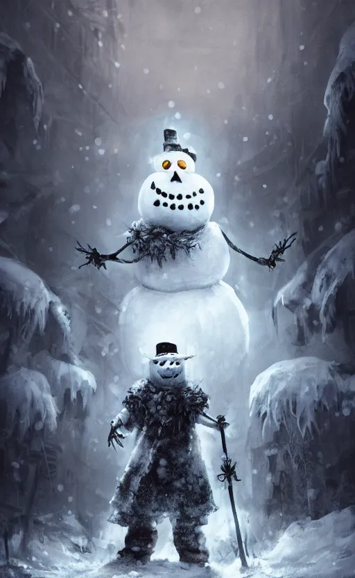Image similar to a a full body portrait of monster jack frost the snowman, in the middle of a village in the snow, dynamic lighting, photorealistic dark fantasy concept art, trending on art station, stunning visuals, creative, cinematic, ultra detailed, scary art, monster