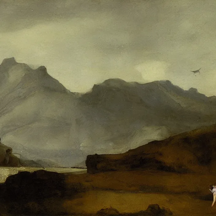 Prompt: a girl swimming near cachalots whale, between the mountains in ocean, landscape, oil painting by rembrandt