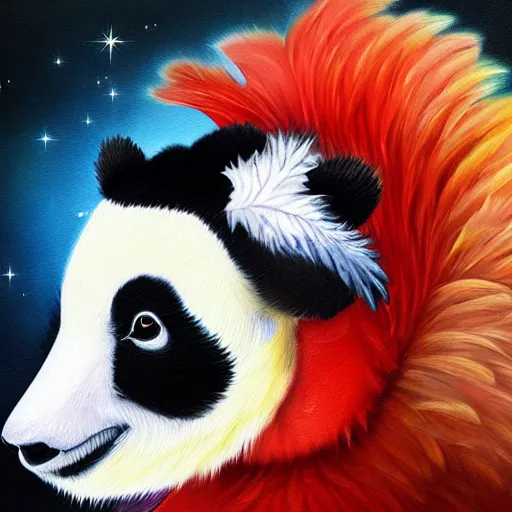 Prompt: panda rooster hybrid creature with fur and feathers beautiful detailed luminescent magical realism oil painting 4 k