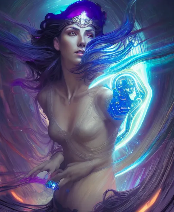 Image similar to a whirlwind of souls rushing inside the metaverse, half body, glowin eyes, tiara with sapphire, pharaoh, android, cyberpunk, d & d, fantasy, intricate, elegant, highly detailed, colorful, vivid color, digital painting, artstation, concept art, art by artgerm and greg rutkowski and alphonse mucha and ruan jia