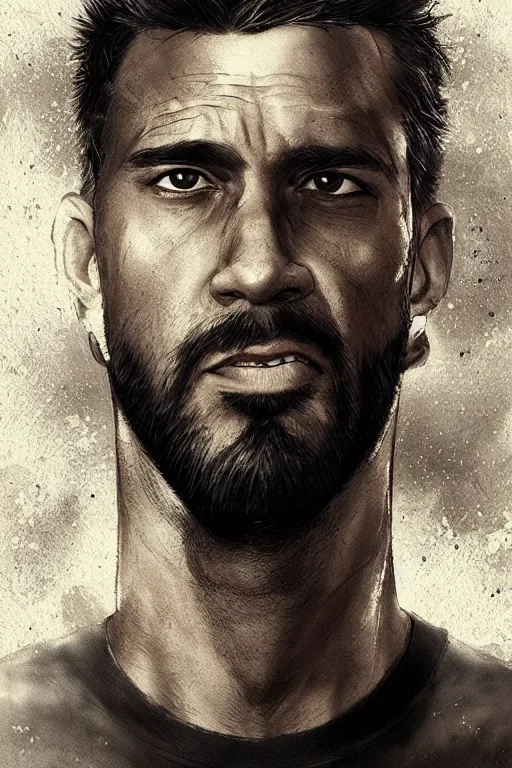 Prompt: beautiful portrait of a rugged man in his mid thirties, strong jaws, latino features, wearing a black t - shirt, by wlop and artgerm, historical fiction, detailed eyes, starry background, trending, on artstation.