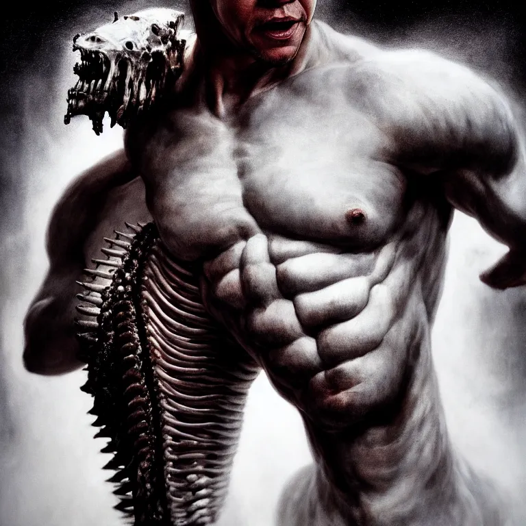 Prompt: portrait of mark wahlberg covered with ribs white mechanical spines white muscle tissue ribbed spiky horns, lucid dream - like heavy atmosphere, baroque painting, harsh flash photo, perfect composition, detailed octane render trending on artstation, 8 k artistic photography, volumetric cinematic perfect light, chiaroscuro, masterpiece, raphael, caravaggio, beksinski, rutkowsk