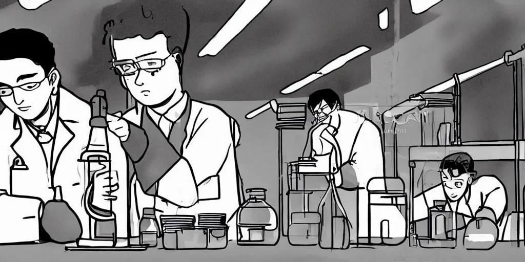 Prompt: cartoon of 2 lab science students at internship looking at a test tube, manga style
