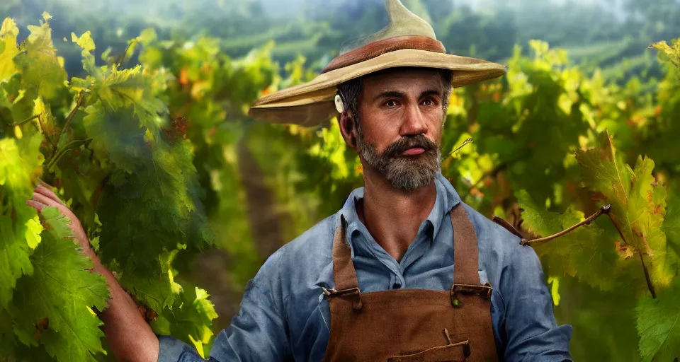 Image similar to A beautiful hyper realistic ultra detailed lifelike matte painting of traditional austrian vineyard worker, unreal engine, deviantart, flickr, artstation, octane render, textured, colorful, extreme realistic detail, physically based rendering, pbr render, very detailed, volumetric lighting, detailed lighting, octane render, 4k, cinematic lighting, 8k resolution