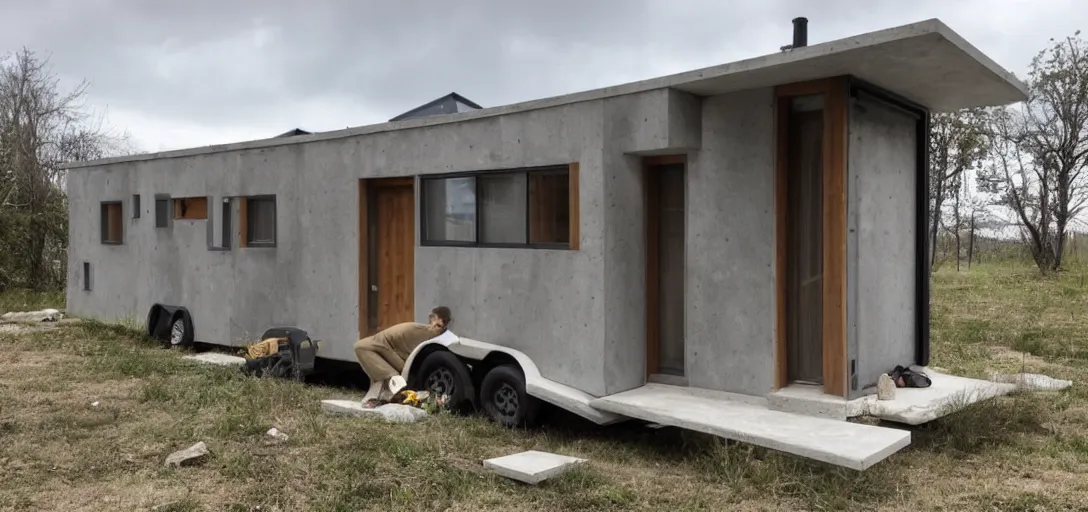 Prompt: brutalist tiny home on trailer, made of stone.